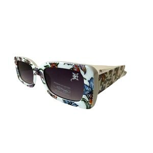 Ed Hardy Sunglasses Womens White Floral Oversized Rectangle 100% UV Protect NEW